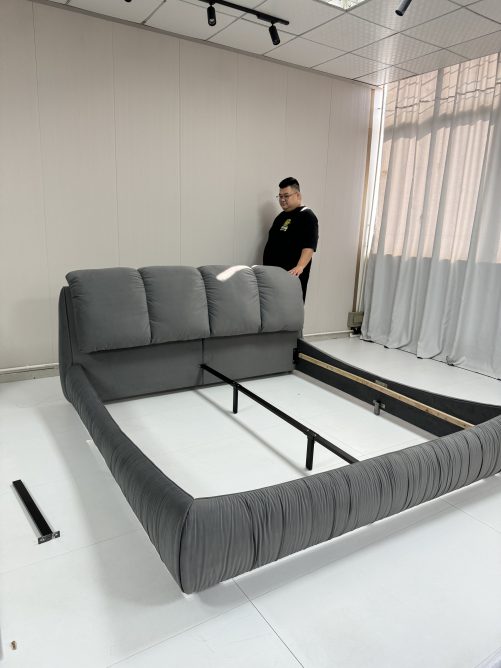 Velvet King Bed With Oversized Padded Backrest