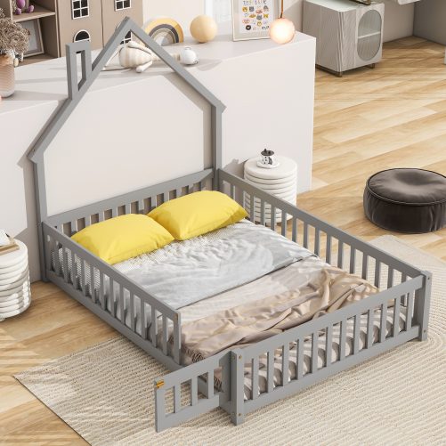 Full House-Shaped Headboard Floor Bed with Fence