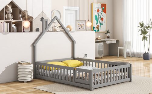 Full House-Shaped Headboard Floor Bed with Fence