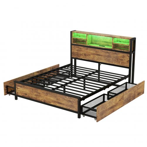 Queen Size Metal Platform Bed With 4 Drawers, Sockets And USB Ports