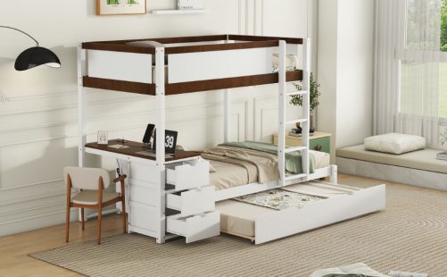 Twin-Over-Twin Bunk Bed with Twin size Trundle, Storage and Desk