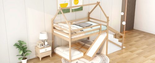 House Shape Twin over Twin Bunk Bed with Slide and Staircase