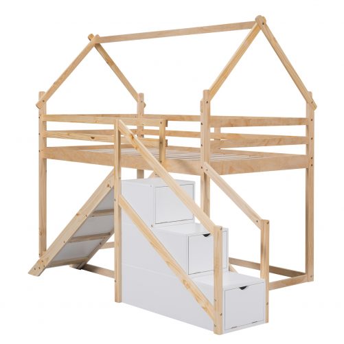 House Shape Twin over Twin Bunk Bed with Slide and Staircase