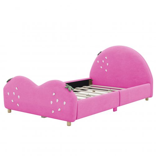 Twin Size Upholstered Platform Bed with Strawberry Shaped Headboard and Footboard