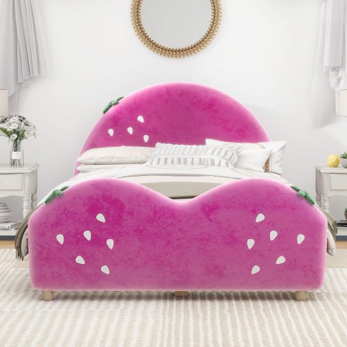 Twin Size Upholstered Platform Bed with Strawberry Shaped Headboard and Footboard