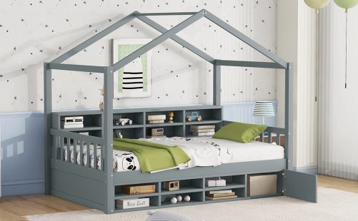 Twin Size Wooden House Bed with Shelves and a Mini-Canbinet