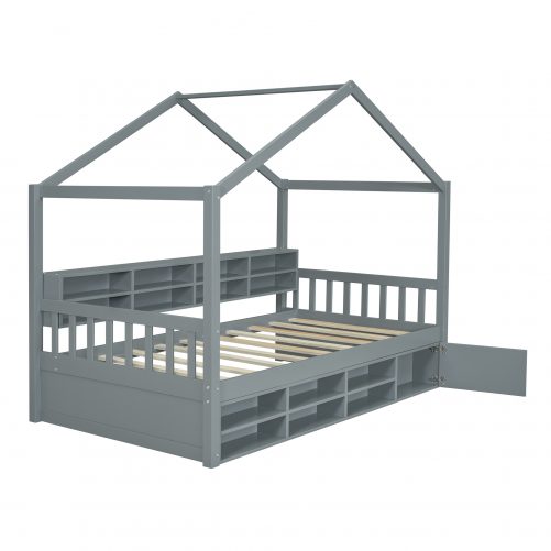 Twin Size Wooden House Bed with Shelves and a Mini-Canbinet