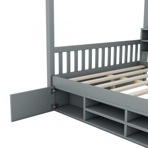 Full Size Wooden House Bed With Shelves And A Mini-Canbinet