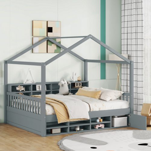 Full Size Wooden House Bed With Shelves And A Mini-Canbinet
