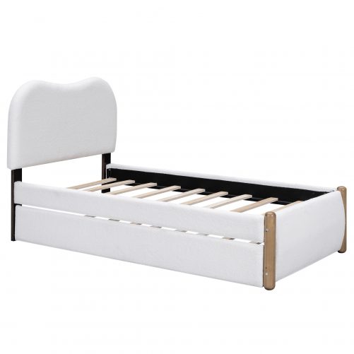 Twin Size Upholstered Platform Bed With Wood Supporting Feet And Twin Size Trundle