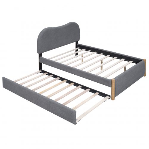 Full Size Upholstered Platform Bed with Wood Supporting Feet and Twin Size Trundle
