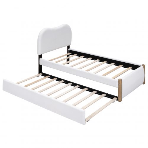 Twin Size Upholstered Platform Bed With Wood Supporting Feet And Twin Size Trundle