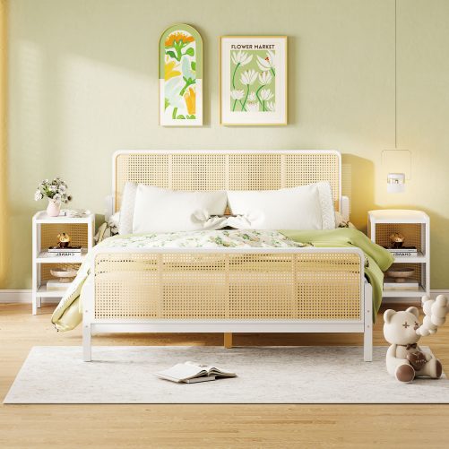 3 Pieces Rattan Platform Full Size Bed With 2 Nightstands