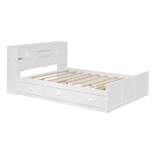 Full Size Wood Pltaform Bed With Win Size Trundle, 3 Drawers, Upper Shelves And A Set Of USB Ports & Sockets