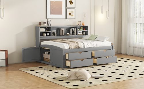 Full Size Wood Daybed with 2 Bedside Cabinets, Upper Shelves and 4 Drawers