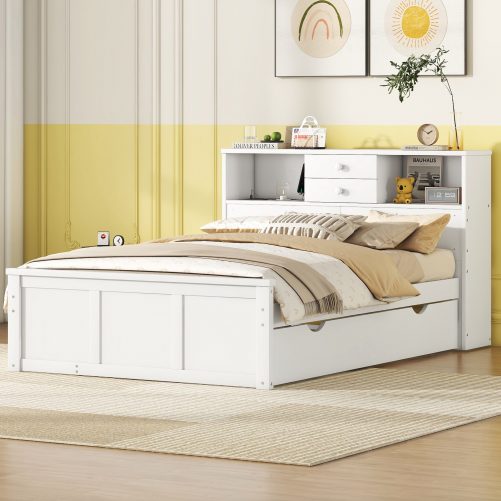 Full Size Wood Pltaform Bed With Win Size Trundle, 3 Drawers, Upper Shelves And A Set Of USB Ports & Sockets