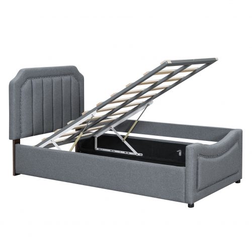 Twin Size Storage Upholstered Hydraulic Platform Bed with Nailhead Decoration