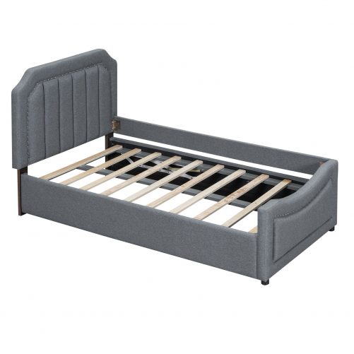 Twin Size Storage Upholstered Hydraulic Platform Bed with Nailhead Decoration