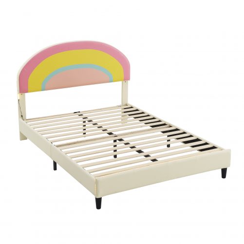 Full Size Upholstered Platform Bed with Rainbow Shaped and Height-adjustbale Headboard