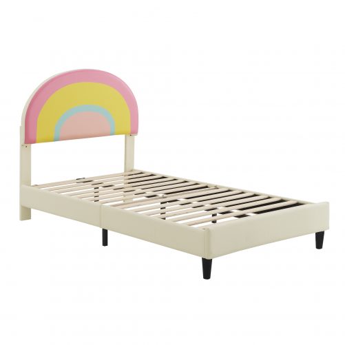 Twin Size Upholstered Platform Bed with Rainbow Shaped and Height-adjustbale Headboard
