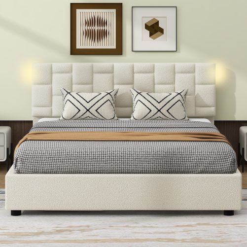 Queen Size Upholstered Platform Bed with Height-adjustable Headboard and Under-bed Storage Space