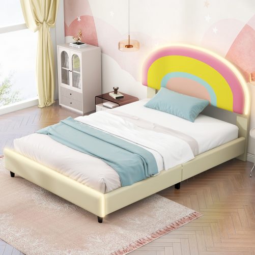 Twin Size Upholstered Platform Bed with Rainbow Shaped and Height-adjustbale Headboard