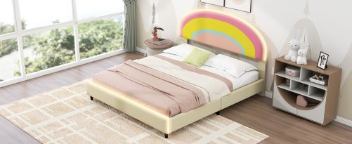 Full Size Upholstered Platform Bed with Rainbow Shaped and Height-adjustbale Headboard