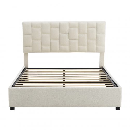 Queen Size Upholstered Platform Bed with Height-adjustable Headboard and Under-bed Storage Space