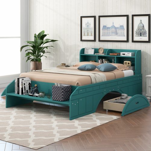 Wood Full Size Platform Bed with 2 Drawers, Storage Headboard and Footboard