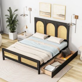 Full Size Wood Storage Platform Bed with 2 Drawers, Rattan Headboard and Footboard
