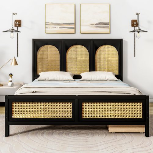 Full Size Wood Storage Platform Bed with 2 Drawers, Rattan Headboard and Footboard