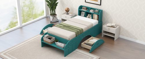 Wood Twin Size Platform Bed with 2 Drawers, Storage Headboard and Footboard