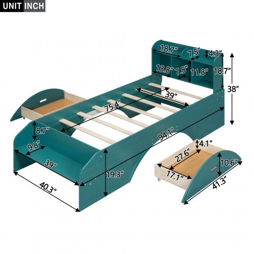Wood Twin Size Platform Bed with 2 Drawers, Storage Headboard and Footboard