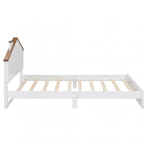 Full Size Wood Platform Bed with House-shaped Headboard and Built-in LED