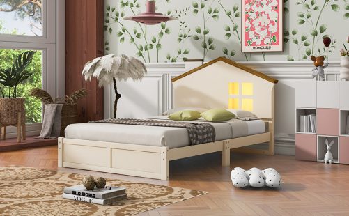 Twin Size Wood Platform Bed with House-shaped Headboard and Built-in LED