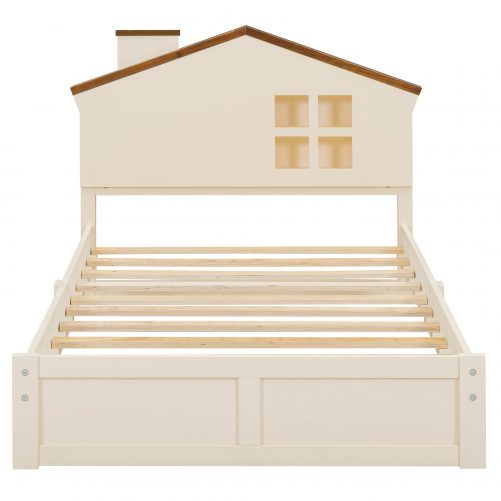 Twin Size Wood Platform Bed with House-shaped Headboard and Built-in LED