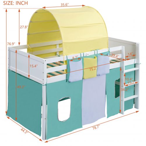 Twin Size Loft Bed with Tent and Tower and Three Pockets