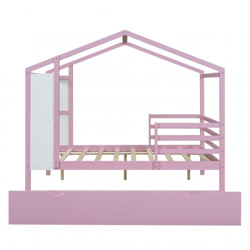 Full Size Wood House Bed with Fence and Writing Board