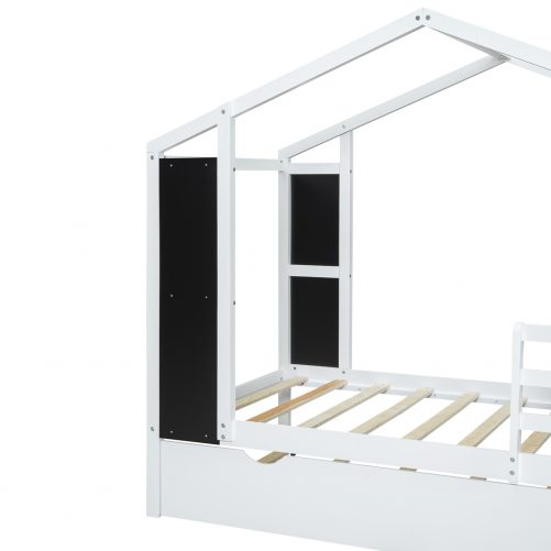 Twin Size Wood House Bed with Fence and Writing Board
