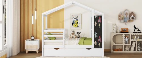 Twin Size Wood House Bed with Fence and Writing Board