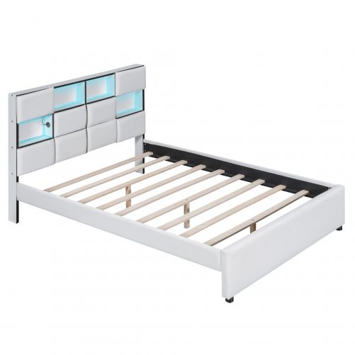 Full Size Upholstered Platform Bed with LED, Storage and USB