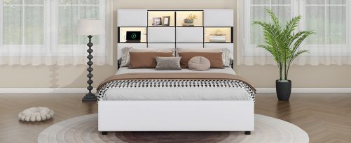 Queen Size Upholstered Platform Bed with LED, Storage and USB