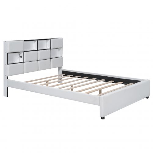 Queen Size Upholstered Platform Bed with LED, Storage and USB
