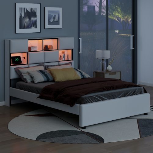 Full Size Upholstered Platform Bed with LED, Storage and USB
