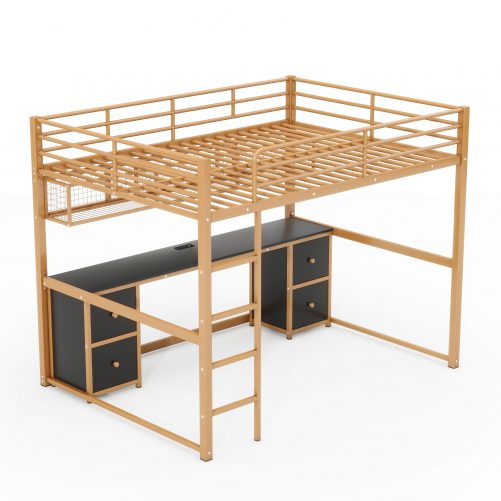 Full Size Metal Loft Bed With Desk, Cabinets, Drawers And Bedside Tray, Charging Station, USB And Socket