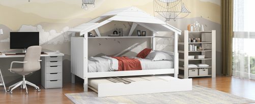 Wood Twin Size House Bed with Trundle and Storage