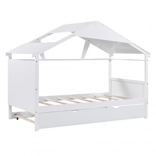 Wood Twin Size House Bed with Trundle and Storage
