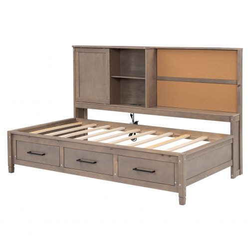 Twin Size Lounge Daybed with Storage Shelves, Cork Board, USB Ports and 3 Drawers