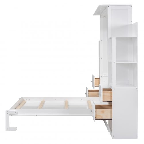 Full Size Murphy Bed Wall Bed with Shelves, Drawers and LED Lights