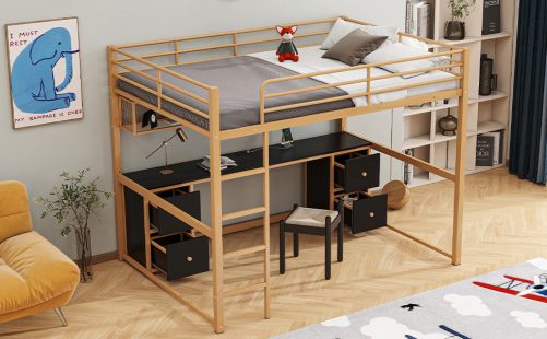 Full Size Metal Loft Bed With Desk, Cabinets, Drawers And Bedside Tray, Charging Station, USB And Socket